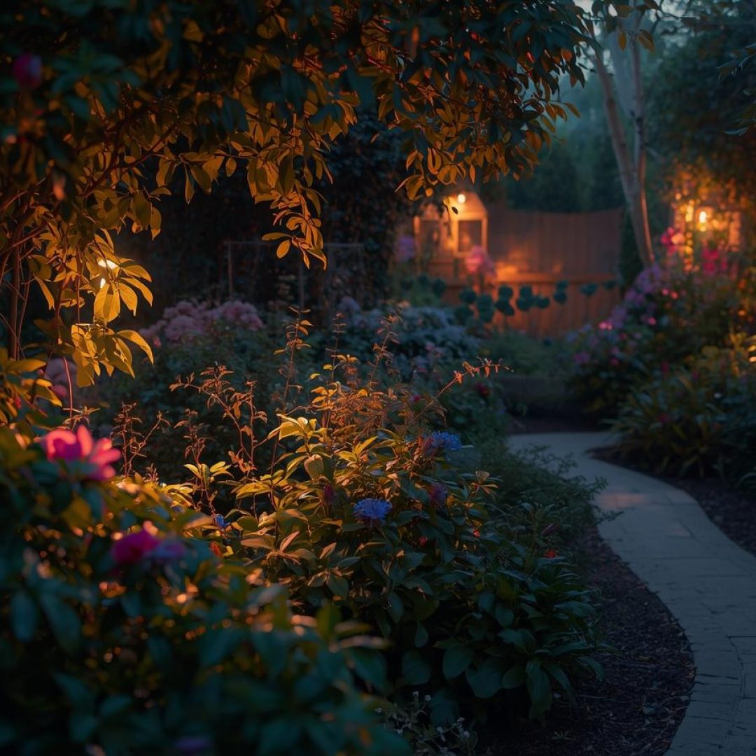 realistyczne zdjęcie oświetlonego ogrodu wieczorem (1)